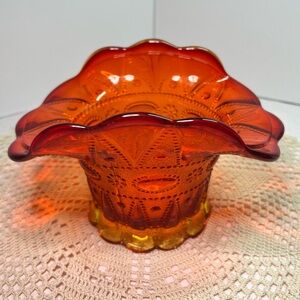 Vintage Kemple Glass Amberina Dewdrop & Lace Basket Vase – Glows Under UV!